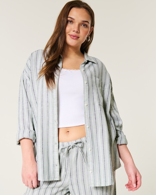 Oversized Linen-Blend Shirt, Eucalyptus Green Stripe view 1