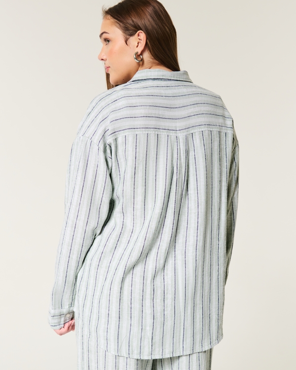 Oversized Linen-Blend Shirt, Eucalyptus Green Stripe view 2