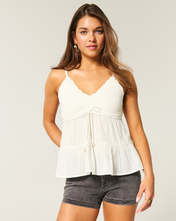 Crochet-Style Fabric Mix Top, Cloud White view 1