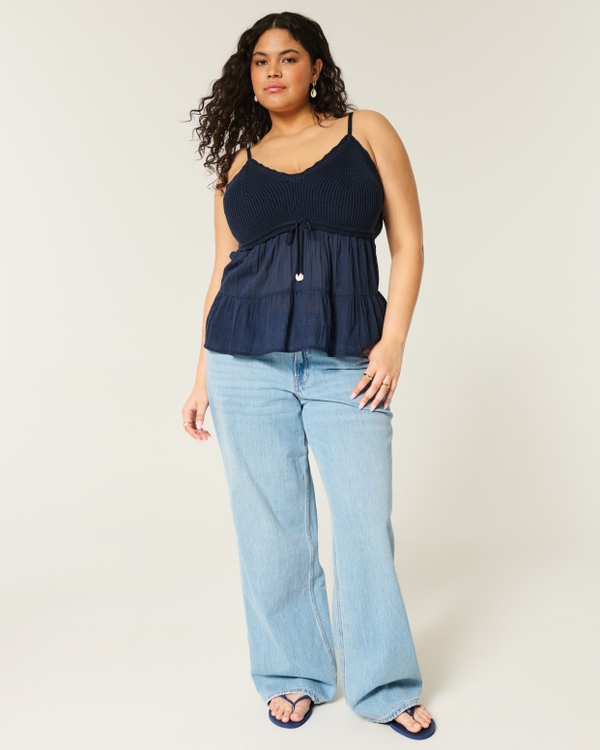 Crochet-Style Fabric Mix Top, Navy Blue view 2