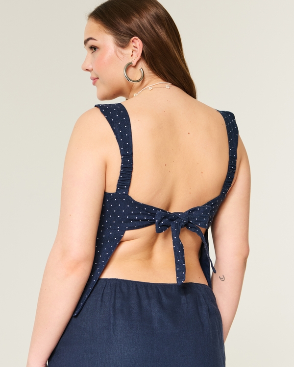 Linen-Blend Open-Back Top, Navy Blue Dot view 2