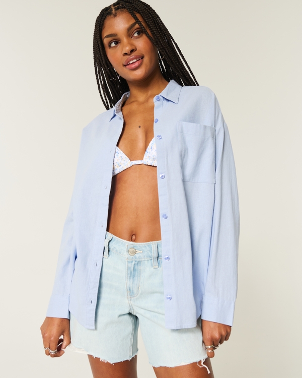 Oversized Linen-Blend Shirt, Dusk Blue view 1
