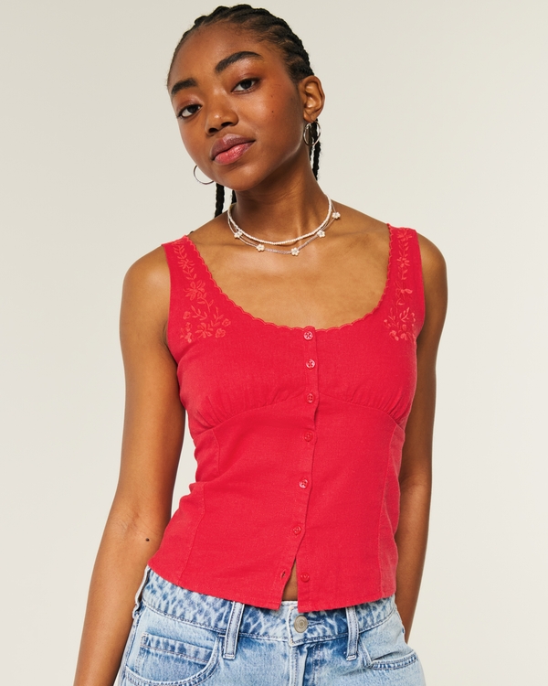 Linen Blend Button-Through Top, Cherry Red view 1
