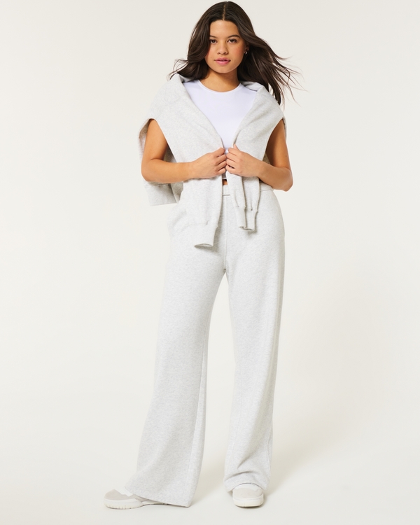 Hollister Feel Good Fleece Wide-Leg Pants, Light Heather Grey view 1