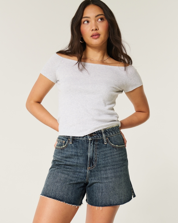 Curvy High-Rise Dark Wash Relaxed Denim Shorts 5", Dark view 1
