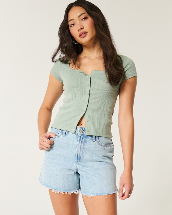 Curvy High-Rise Light Wash Relaxed Denim Shorts 5", Light view 1