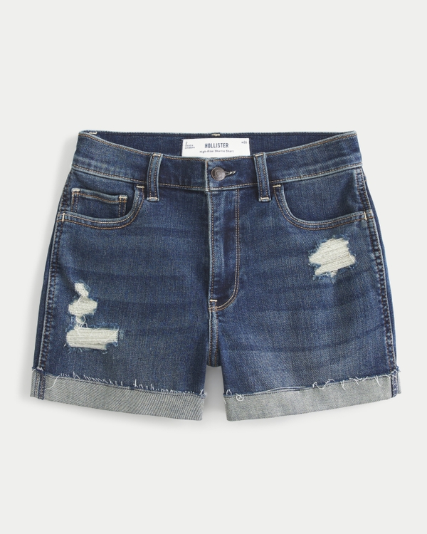 High-Rise Ripped Dark Wash Denim Shortie Shorts, Dark Ripped view 2