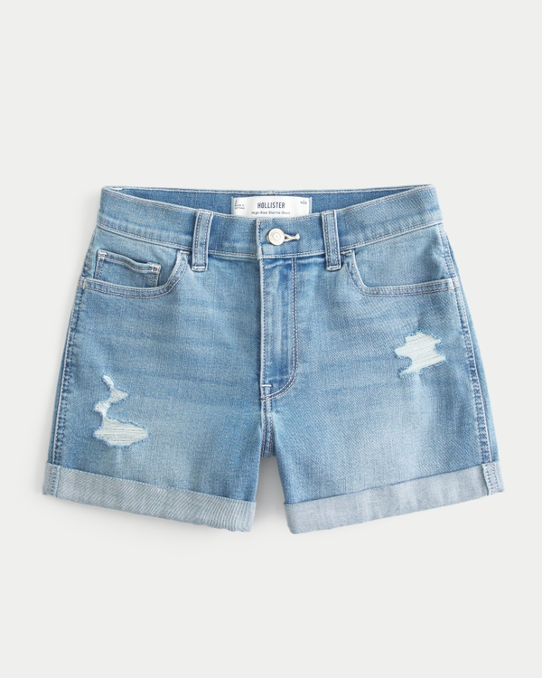 High-Rise Ripped Medium Light Wash Denim Shortie Shorts, Medium Ripped view 2