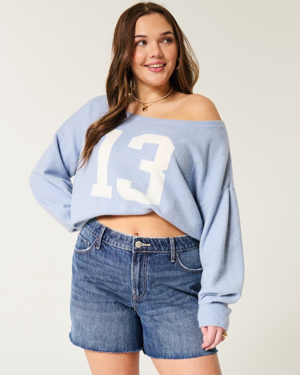 High-Rise Medium Dark Wash Relaxed Denim Shorts 5", Dark view 1