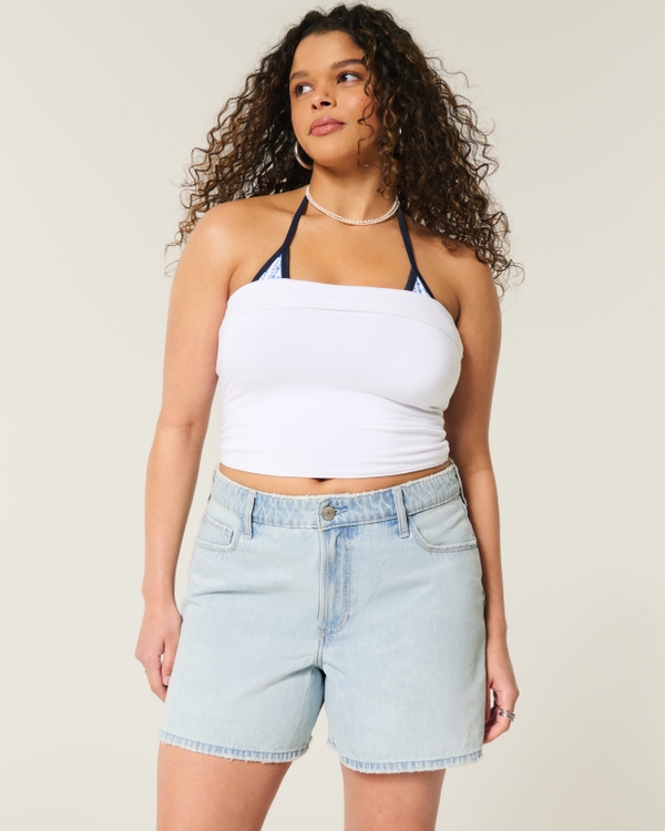 High-Rise Light Wash Baggy Denim Shorts 5", Light view 1