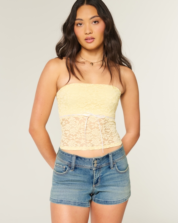 Curvy Low-Rise Light Wash Denim Shortie Shorts, Light Tint view 1