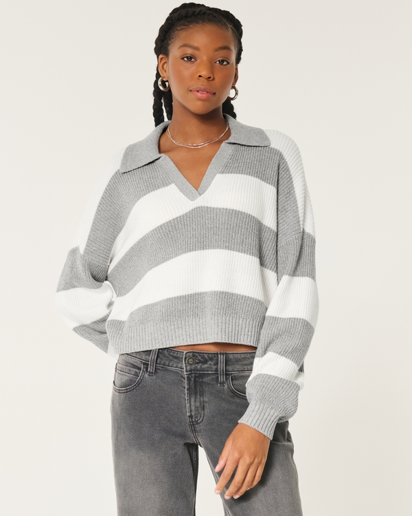 Easy Stitchy Polo Sweater, Light Grey Stripe view 1