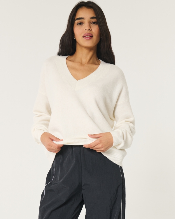 Hollister Comfy Cloud Oversized V-Neck Sweater, Cloud White view 1