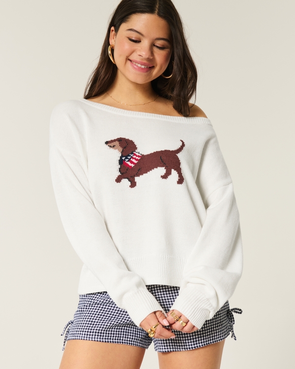 Slouchy Off-the-Shoulder Dachshund Graphic Sweater, Cloud White view 1