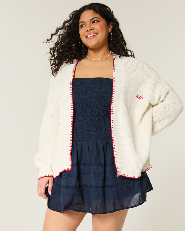 Easy American Flag Graphic No-Close Cardigan, Cloud White view 2