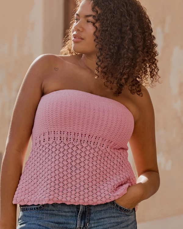 Crochet-Style Sweater Tube Top, Rose Quartz view 1