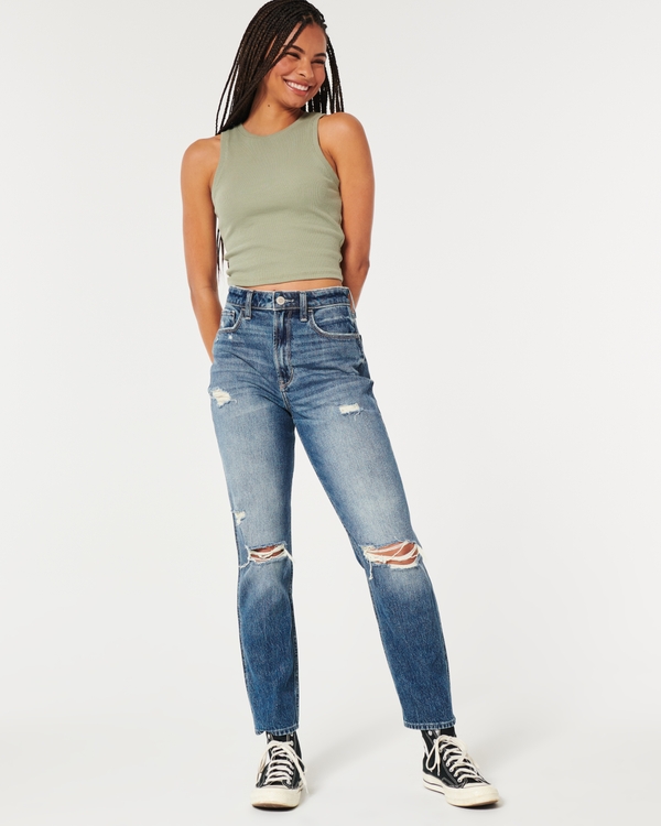 Ultra High-Rise Ripped Medium Wash Mom Jeans, Medium Ripped Wash view 1