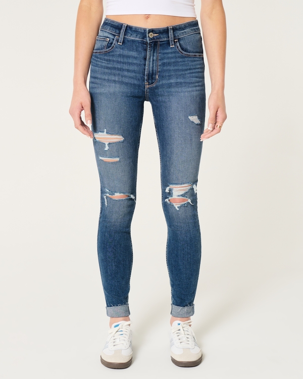 High-Rise Ripped Medium Wash Super Skinny Jeans, Medium Ripped view 2