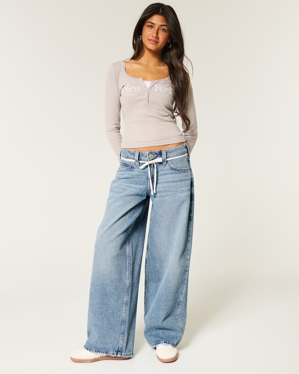 Low-Rise Medium Wash Shoelace Super Baggy Jeans, Medium view 1