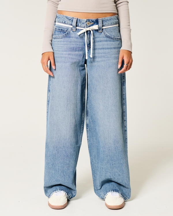 Low-Rise Medium Wash Shoelace Super Baggy Jeans, Medium view 2