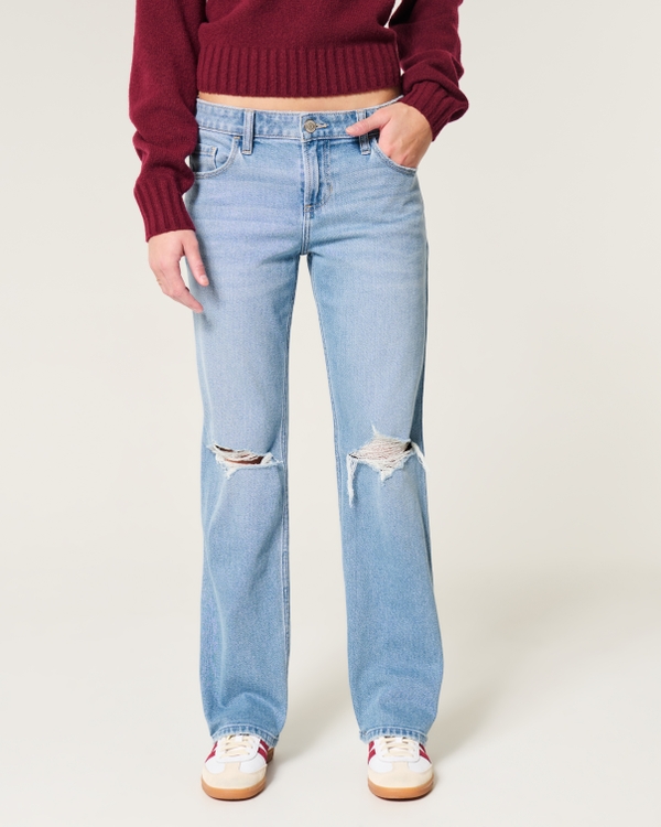 Low-Rise Ripped Medium Wash Relaxed Straight Jeans, Medium Ripped view 2