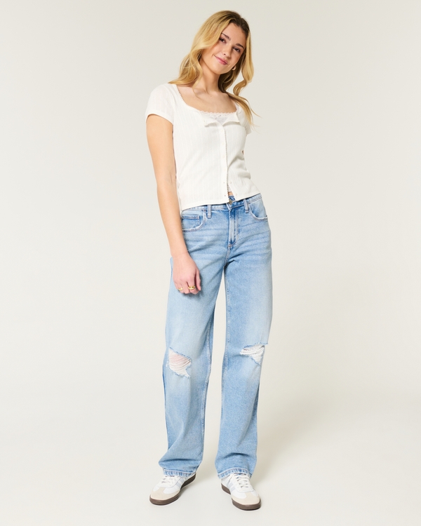 High-Rise Ripped Medium Wash Dad Jeans, Medium Destroy view 1