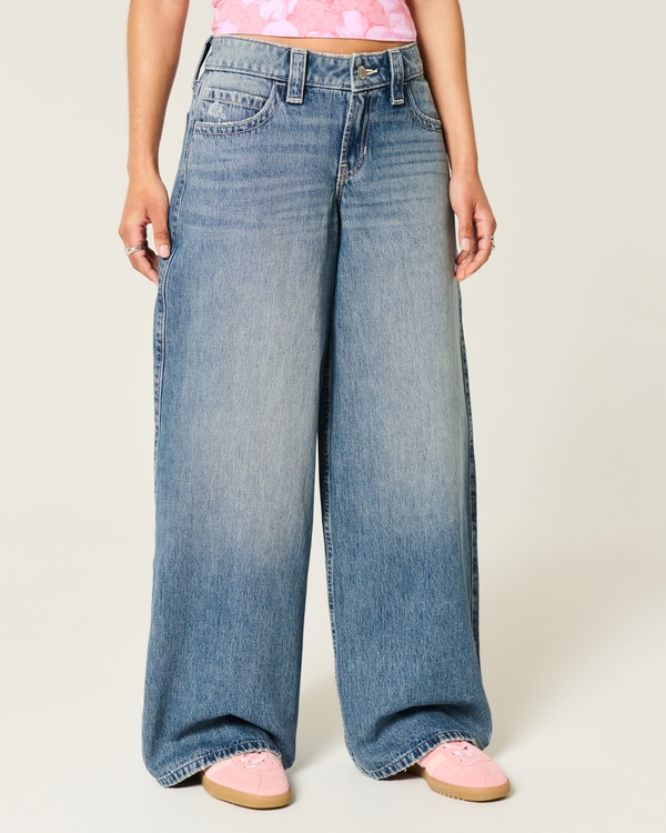 Low-Rise Medium Wash Floral Print Super Baggy Jeans, Medium view 2