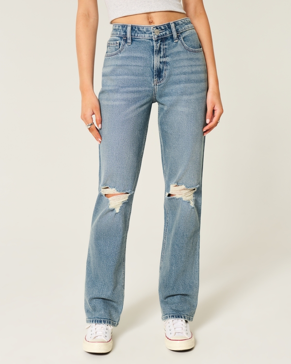 Ripped Medium Wash High-Rise Straight Jeans, Medium Ripped view 2