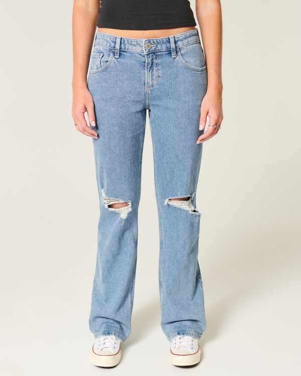 Low-Rise Ripped Medium Wash Relaxed Straight Jeans, Medium Ripped view 2