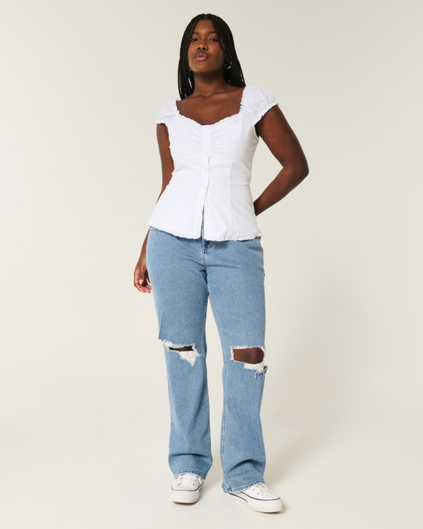 Curvy Low-Rise Ripped Medium Wash Relaxed Straight Jeans, Medium Ripped view 1