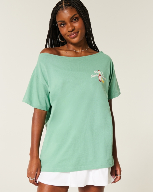 Oversized Off-the-Shoulder Ruby's Oyster Shack Graphic Tee, Light Green view 1