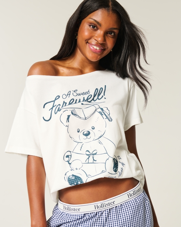 Oversized Off-the-Shoulder Teddy Bear Graduation Graphic Tee, Cloud White view 1