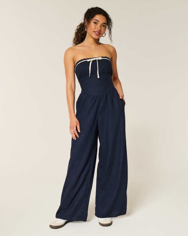 Linen-Blend Strapless Jumpsuit, Navy Blue view 1