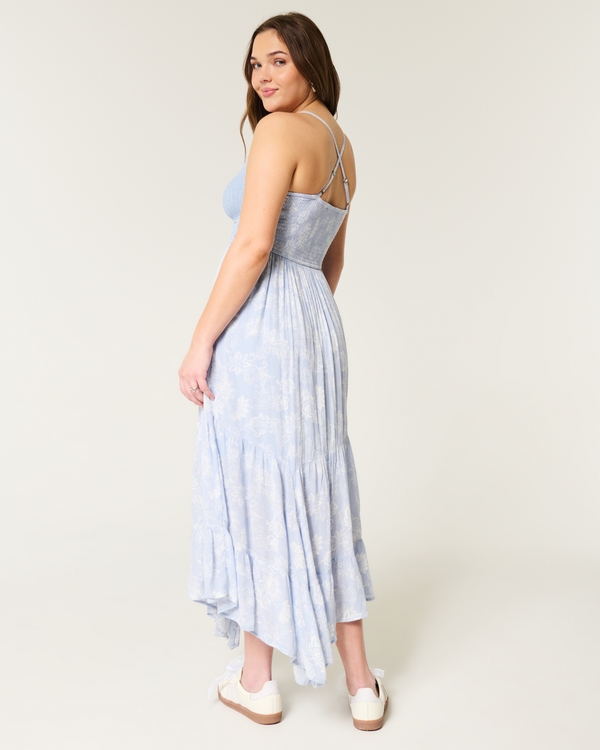 Crochet-Style Mix V-Neck Maxi Dress, Blue Floral view 2
