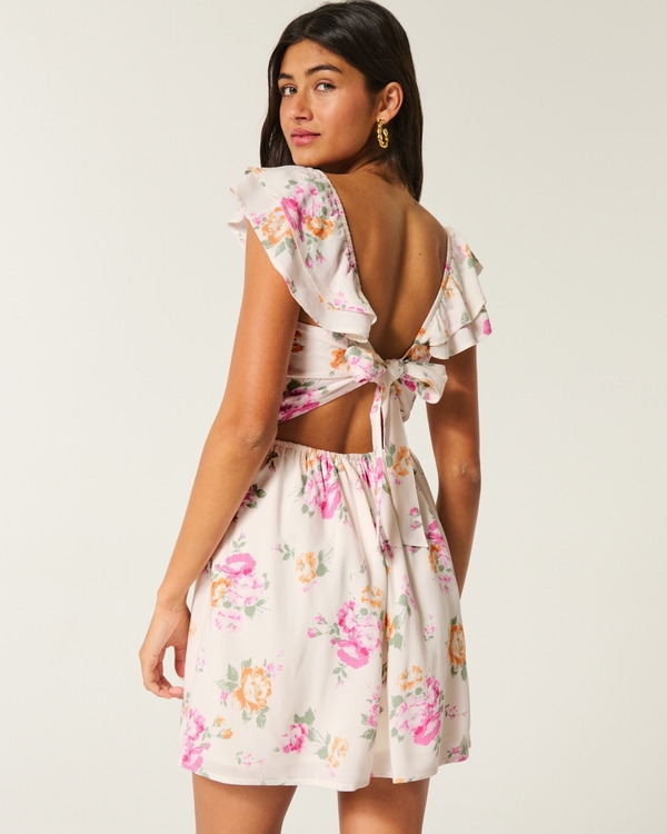 Flutter Sleeve V-Waist Mini Dress, White Floral view 1