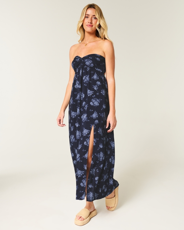 Strapless Twist Bust Maxi Dress, Navy Blue Floral view 1