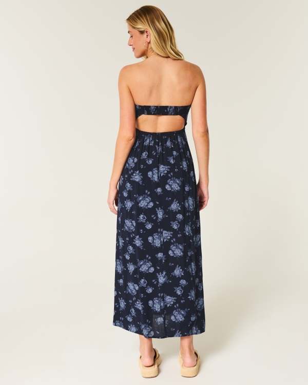 Strapless Twist Bust Maxi Dress, Navy Blue Floral view 2