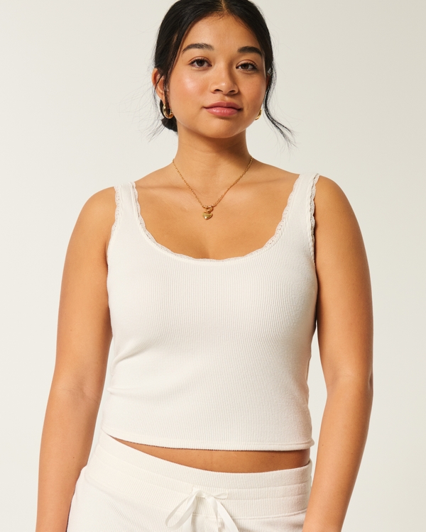 Gilly Hicks Cozy Waffle Lace Trim Tank, Cloud White view 1